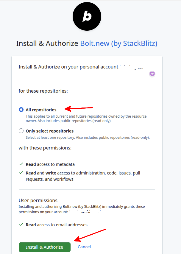 install authorize github from stackblitz