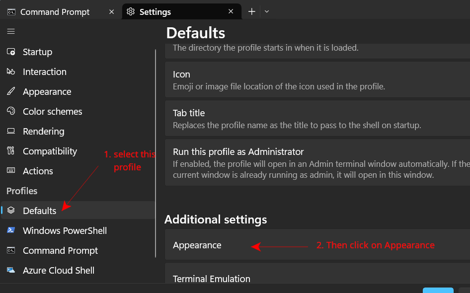 settings defaults cmd