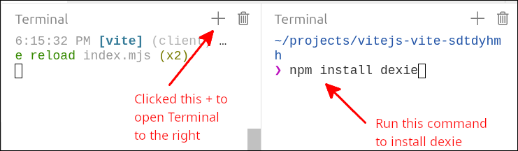 install dexie stackblitz