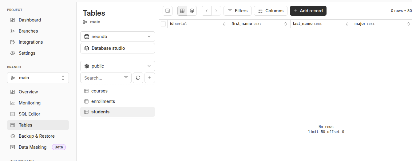 showing students table