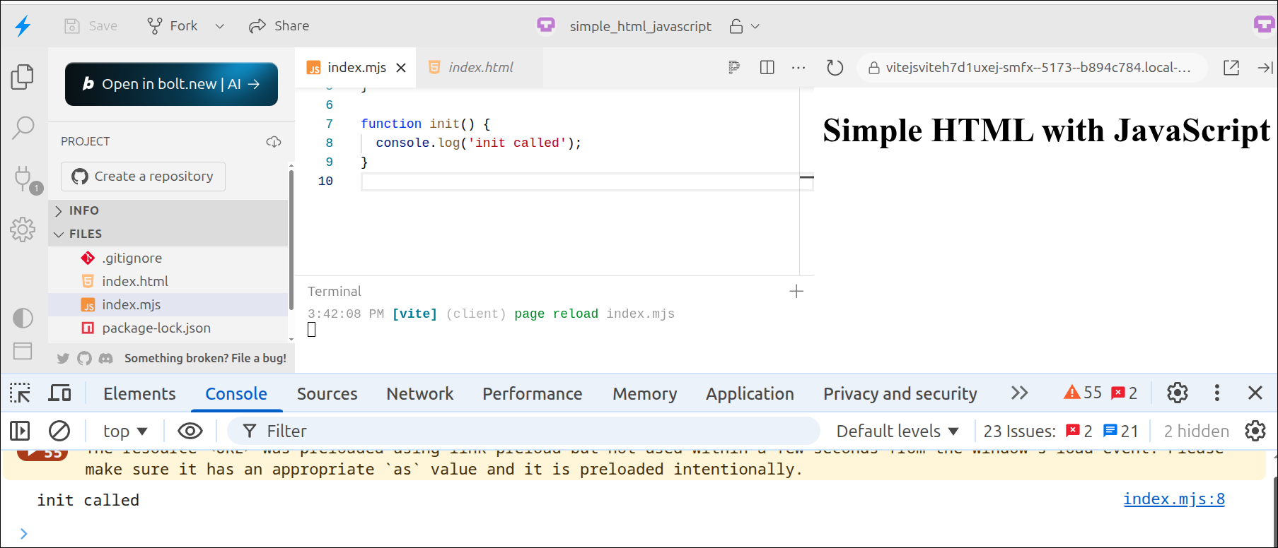 stackblitz initial view